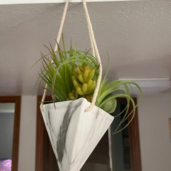 Marble Hanging Planter with Fake Green Succulent.
