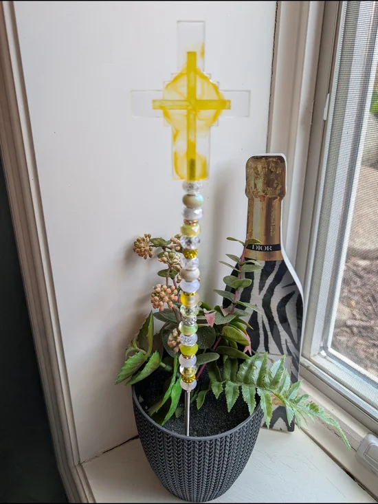 Beaded Fairy Wand/Plant/Garden Stake W/Resin Cross Topper ✝️