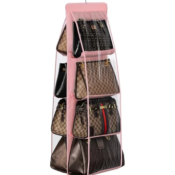 NEW Lirex 8 Pocket Satin Handbag Hanging Purse Organizer for Closet Light Pink