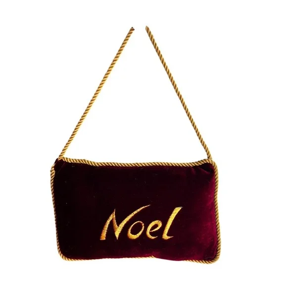 Mini Pillow Christmas Holiday‎ Noel Door Hanger Burgundy Velvet Gold Corded Trim
