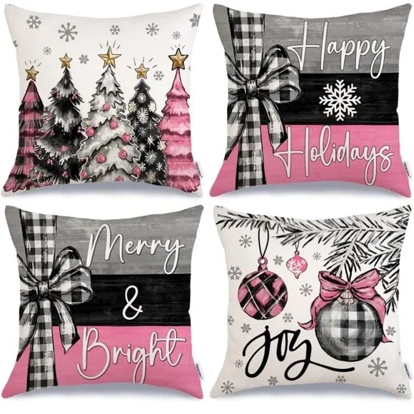 Festive Holiday Throw Pillow Covers Set - Pink, Black, & White Super Cute NEW 💕🩷