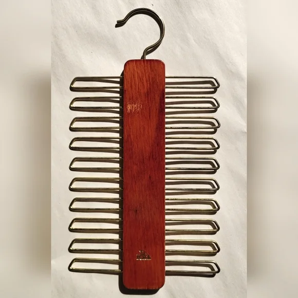 Vintage TIE RACK Wood and Brass Tie, Belt or Scarf Organizer
