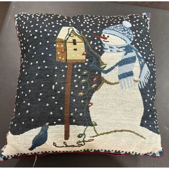 Vintage Snowmen Birdhouse Blue Bird Tapestry Pillow 14‎ Inch Holiday Winter