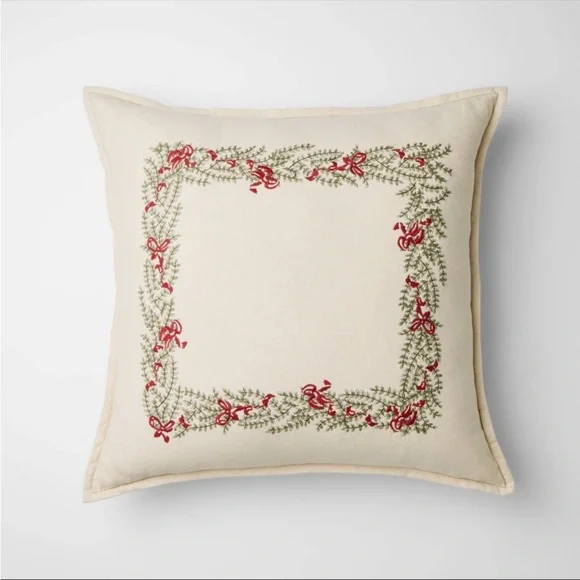 NWT Natural Embroidered Green and‎ Bows Pillow - 24 x 24” STUDIO MCGEE