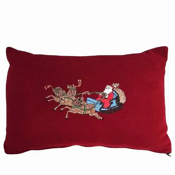 Vintage Embroidered Santa's Sleigh w/Reindeer Red Wool Holiday Pillow w/Zipper