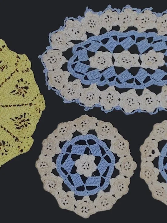 MCM Doilies Crocheted Blue & White Chair Accent Set Yellow w Glass Beads 18” Vtg