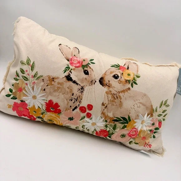 Farmhouse by Rachel Ashwell Easter Bunny Floral Embroidered Lumbar Pillow Cotton