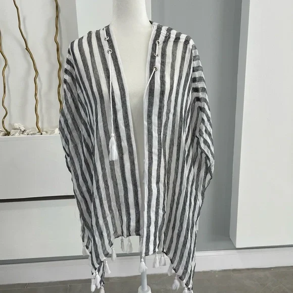 Chico's Black and White Striped Tassel Throw