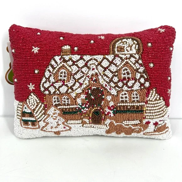 Gingerbread House Beaded Christmas Decorative Pillow Red White Holiday 14x10 NEW
