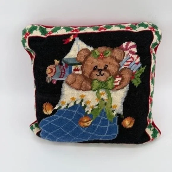 Vintage Needlepoint Christmas Pillow Teddy Bear in Stocking‎ Holiday Decor