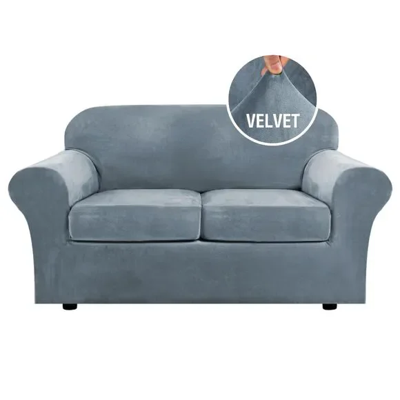 Velvet 3 Piece Sofa Cover (Medium Sofa: 2 Cushion Loveseat, Stone Blue)