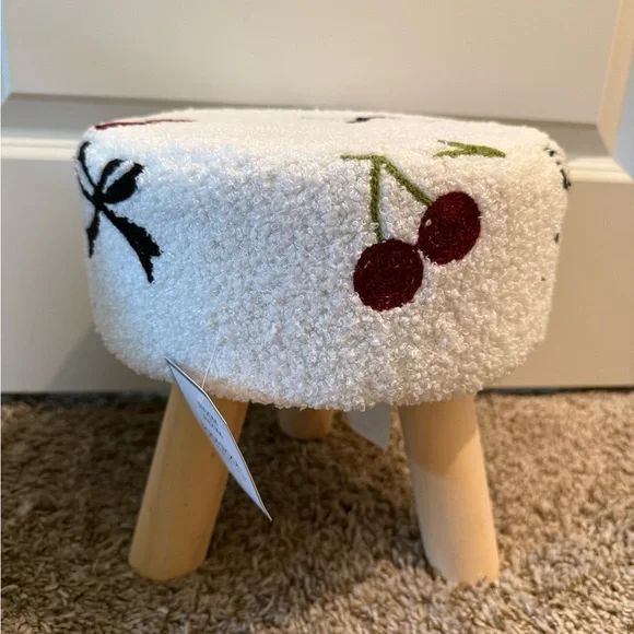 Embroidered Cherry White Accent Stool with Wooden Legs