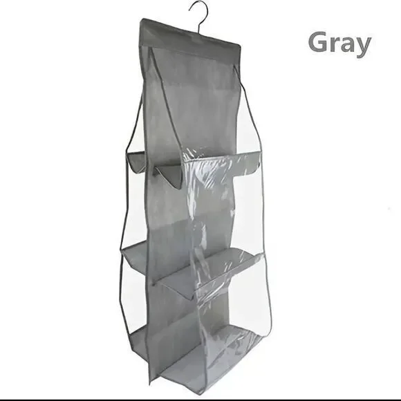 Hanging Purse‎ Hand Bag Organizer Storage, Gray Transparent Holds 6 Hang Bags