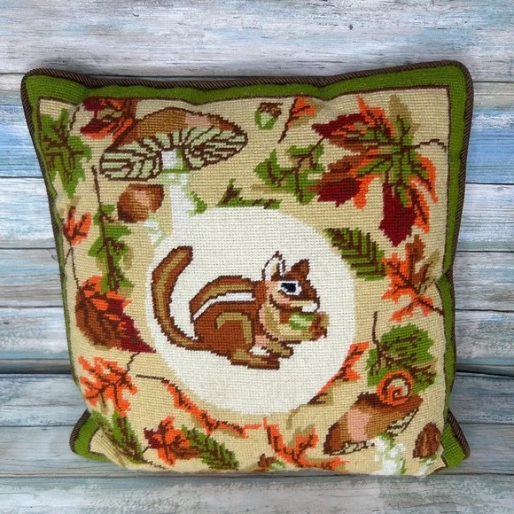 Vintage Needlepoint Pillow Chipmunk‎ Fall Mushroom Leaves Handmade Retro 70s 80s