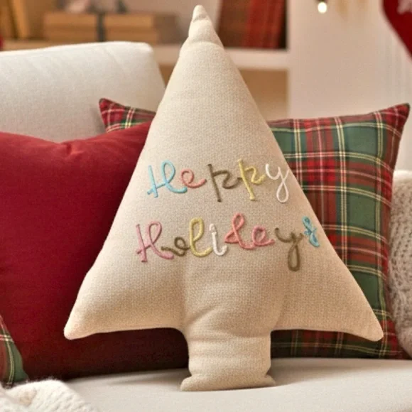 Creative Co-op Happy Holidays Embroidered Cotton Jute Throw Pillow 24” Inches