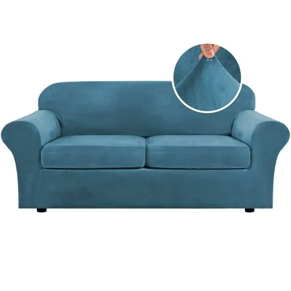 Real Velvet 3 Piece Stretch Sofa Cover (2 Cushion Up to 90 Inch, Peacock Blue)