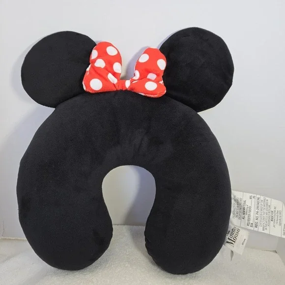Disney Minnie Mouse Travel Pillow Black With Red Polka Dot Bow Mouse Ears Neck