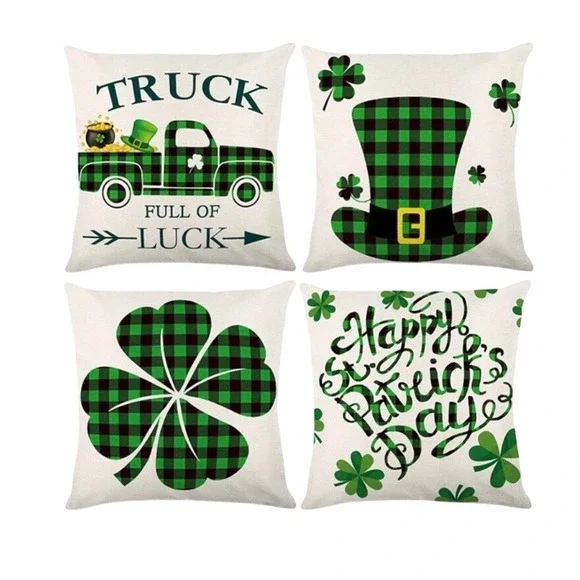 St Patricks Day Pillow Covers Set‎ of 4 Green Buffalo Plaid Luck Decor Shamrock