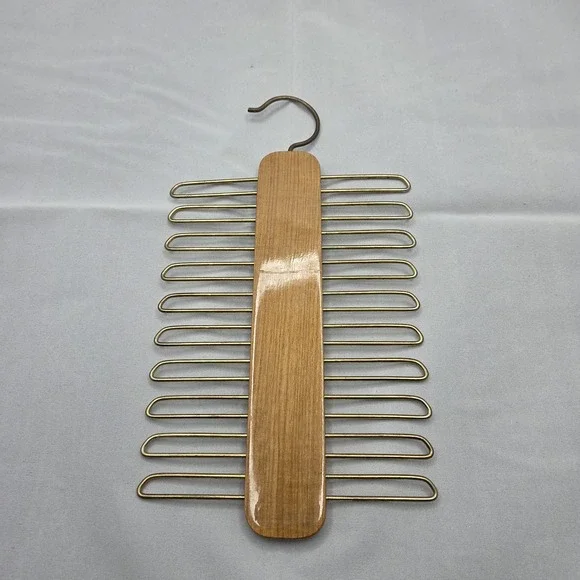Vintage Wooden Tie Rack Hanger Brass Metal Arms Closet Organizer