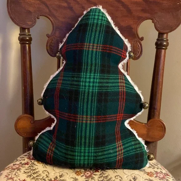 Plaid Christmas Tree Bells Plush Faux Fur Vintage Fabric Green Red Farmhouse 🎄