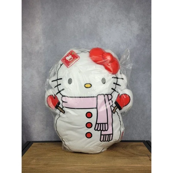 Sanrio Hello Kitty Snowman Plush Pillow Holiday‎ Winter Red Bow Pink Scarf NWT