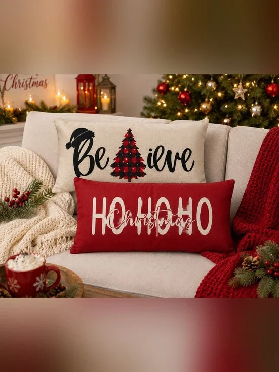 2 Pack Christmas Pillow Covers 12x20 Buffalo Plaid Believe & HoHoHo Farmhouse