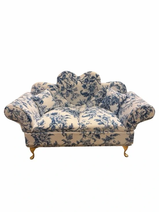 Blue White Floral Toile Sofa Jewelry Box Heart Back Miniature
