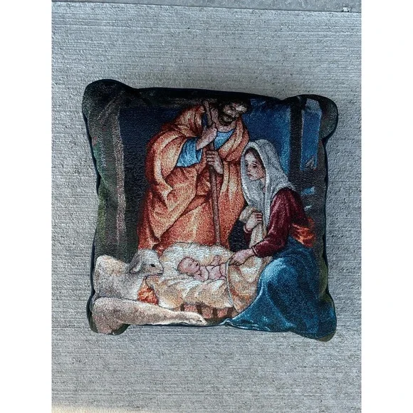 Vintage Tapestry Pillow Nativity Scene Mary‎ Joseph Jesus Holy Family Christmas