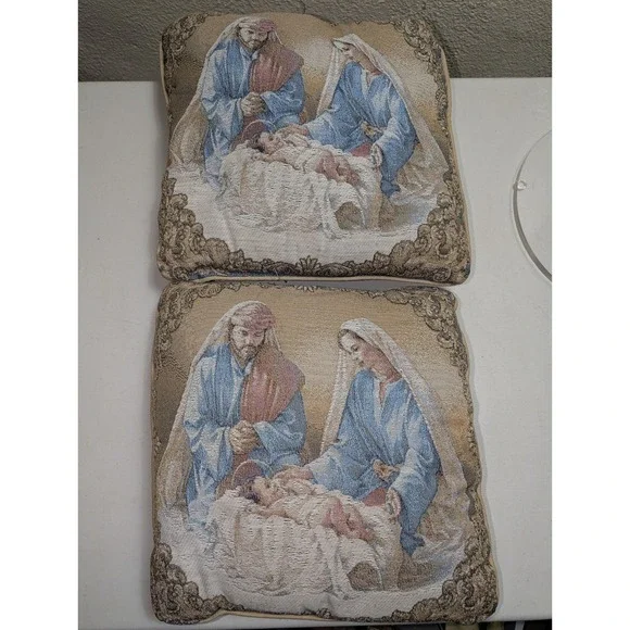 Vintage Needlepoint‎ Religious Tapestry Pillow Mary Joseph Baby Jesus Set Of Two