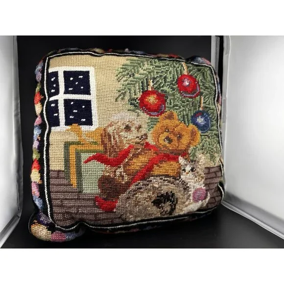Wool Needlepoint Pillow Christmas Dog Cat Teddy Bears Tree Vintage Complete READ