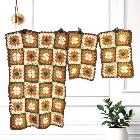 Vintage Retro Orange, White, Brown, Avocado Granny Square Couch Arms/Back Throw