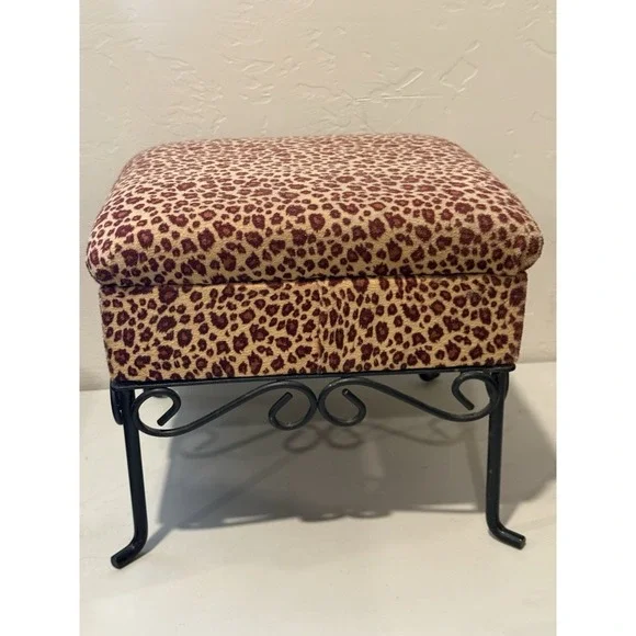 Vintage Leopard Velvet Foot Stool Ottoman with Wrough Iron Legs 11