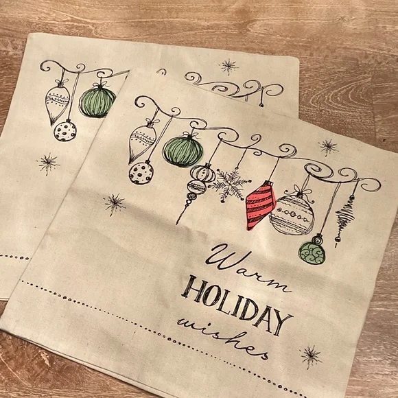 GANZ Holiday Pillow Covers with Green and Red Ornaments/ Lot of 2 /16 by 16 in
