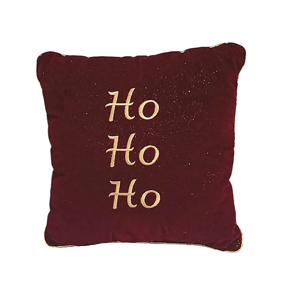 Christmas Ho Ho Ho Embroidered Throw Pillow Burgandy Velvet Gold Glitter Trim