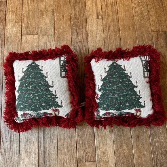 Vintage Riverdale Christmas Tree Pillows 8in Tapestry Fringe Red Green Holiday