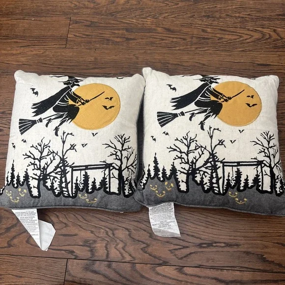 Lot Of 2 Witch Riding Broom Halloween Throw Pillows Spooky Decor 15