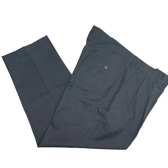 Jos A Bank Traveler Mens 40Wx29L Dark Gray Pleated Front Pants Wool Cuffed Hem