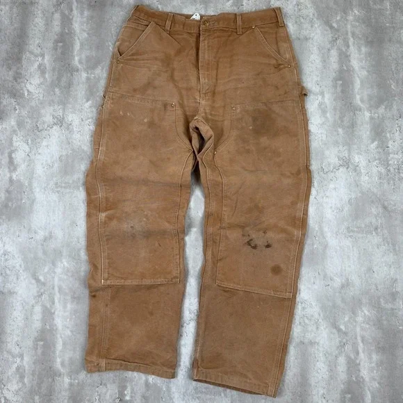 Carhartt Double Knee Canvas Work Pants Mens 36x34 Tan Distressed Loose B01 BRN