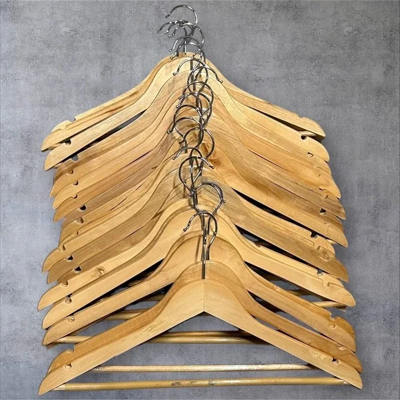 Set of 12‎ Natural Wood Hangers with Notches and Trouser Bar