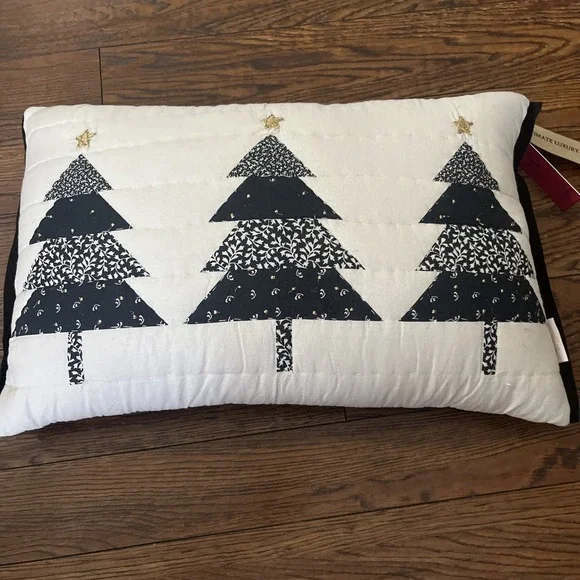 Cherish The Season Quilted 3 Christmas Trees Black white Pillow NWT Read