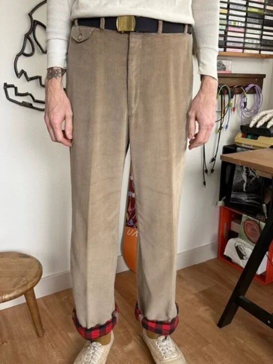 Vintage 70s 80s Tan Corduroy Flannel Lined Trousers ~ 36 X 31.5
