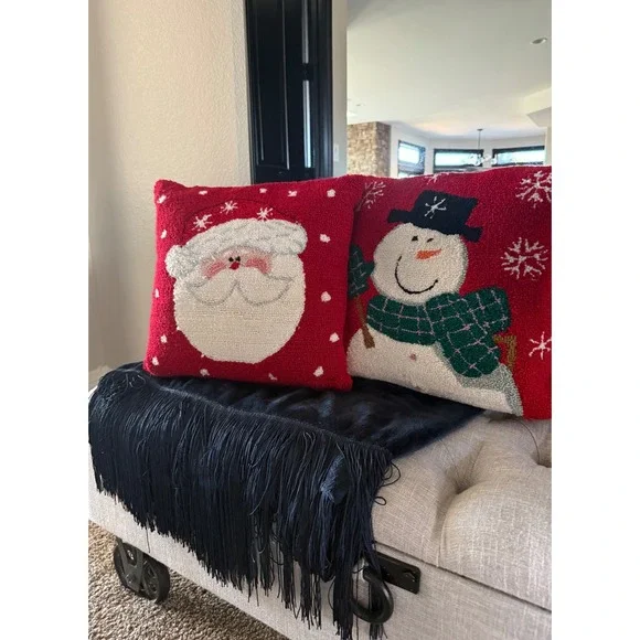 Christmas Decor Santa and Snowman Hand Hooked Throw Pillow Set Red Holiday 15X14