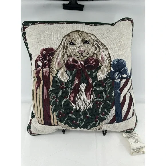 Portifino Tapestry Throw‎ Pillow Christmas Bunny With Wreath Holiday Decor