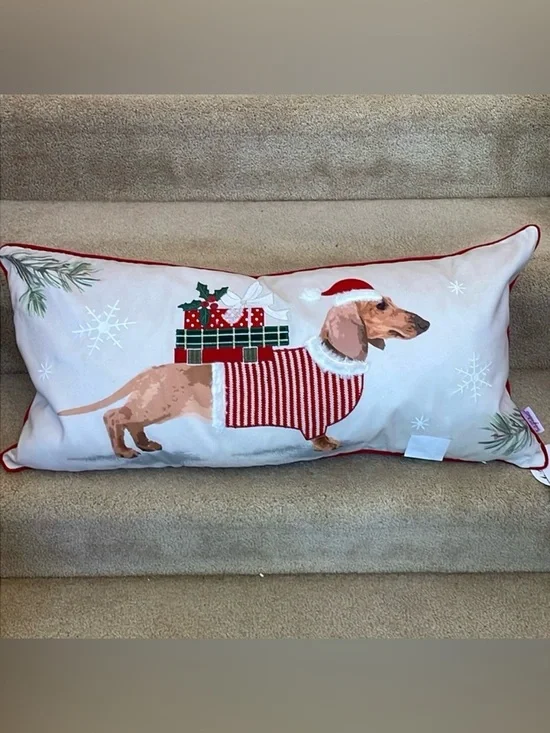 Long feather dachshund holiday themed pillow with handcrafted details.