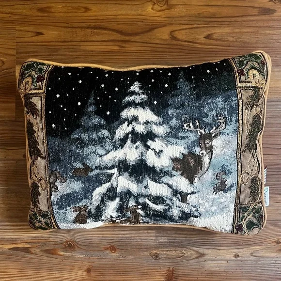 Riverdale Vintage Winter Night Snowy Tree Deer Gold Garland Holiday Pillow 16x12