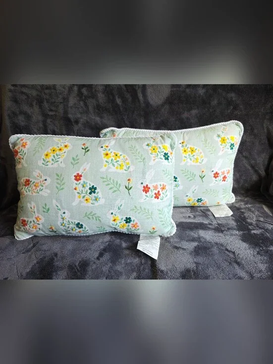 New Easter Florals Cotton Slub Print Throw Pillow with Embroidery 14x20 set of 2