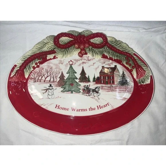 FITZ & FLOYD Oval Cookie Platter Home Warms the Heart Christmas Holiday 13 1/2 