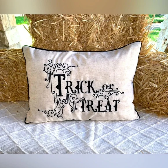 Halloween Decor Pillow Trick or Treat Elegant Writing- NWT