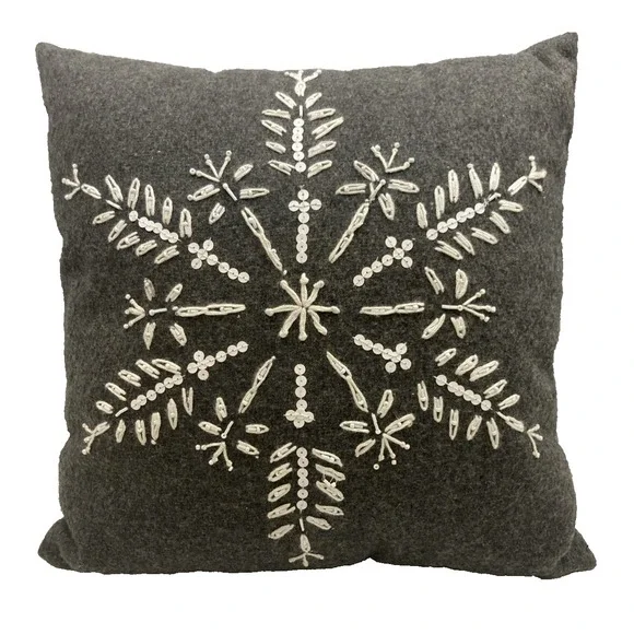 Vtg Pier 1 Beaded Flannel Pillow Gray Snowflake Beaded Sequin 15