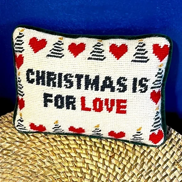 Needlepoint Handmade “Christmas is for Love Small Green Velvet Backed Pillow
